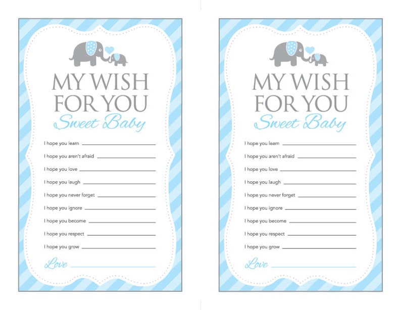 Instant Download Blue Elephant Theme Baby Shower Wishes for Baby Cards, Printable Wish Party Sheets for Boy, Cute Blue Grey Stripes Card 22C image 3