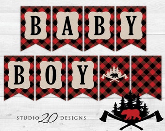 Instant Download Buffalo Plaid Baby Shower Banner, Black Red Lumberjack Bunting Banner, Woodland Black Red Plaid It's a Boy Banner #87A
