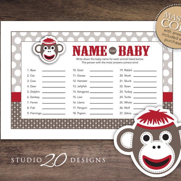 Instant Download Sock Monkey Baby Shower Name That Baby Game, Printable Baby Animal Game, Red Sock Monkey Baby Shower Games 30A