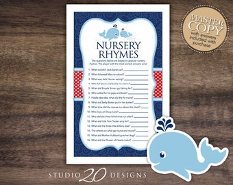 Instant Download Whale Nursery Rhyme Quiz, Whale Nursery Rhymes Game, Nautical Baby Shower Games, Navy Blue Red Whale Baby Shower Games 20D