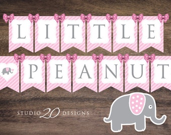 Instant Download Pink Elephant Baby Shower Banner, Printable Pink Grey Elephant Bunting Banner, Little Peanut Elephant Banner #22B