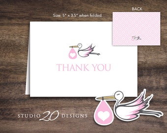 Instant Download Pink Stork Thank You Card, Folded Stork Baby Shower Thank You Card for Girl, Baby Pink Stork Theme Tent Card #50B