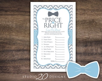 Instant Download Bow Tie Price Is Right Baby Shower Game, Printable Light Blue Grey Chevron Little Man Baby Shower Price Is Right Game 79D