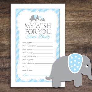 Instant Download Blue Elephant Theme Baby Shower Wishes for Baby Cards, Printable Wish Party Sheets for Boy, Cute Blue Grey Stripes Card 22C image 1