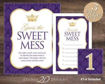 Instant Download Royal Purple Prince Guess the Sweet Mess Baby Shower Game, Purple Gold Prince Dirty Diaper, Baby Shower Candy Bar Game 66H