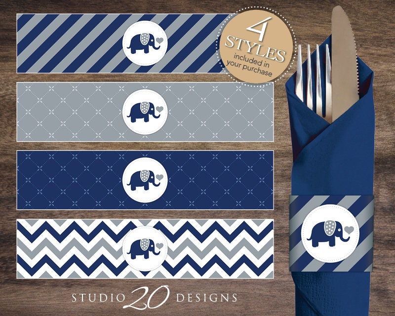 Instant Download Navy Grey Elephant Napkin Rings Printable Blue Gray Elephant Baby Shower Napkin Wraparounds for Baby Boy 22G