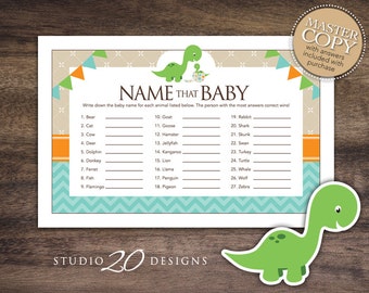 Instant Download Dinosaur Name That Baby Game, Teal Orange Dinosaur Baby Shower Games, Dinosaur Baby Animal Game for Boy Shower 59A