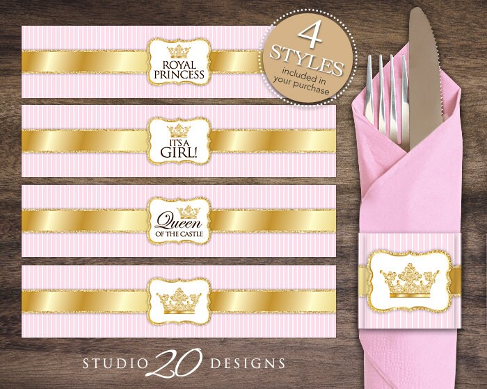 Instant Download Princess Napkin Rings Pink Gold Royal Princess Baby Shower Napkin Wraparounds Princess Birthday Napkin Rings