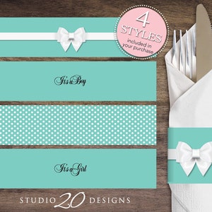 Instant Download Aqua Napkin Rings, Printable Aqua White Bow Baby Shower Napkin Wraparounds, Gender Neutral Napkin Rings 53A image 1