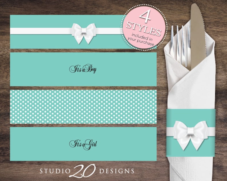 Instant Download Aqua Napkin Rings, Printable Aqua White Bow Baby Shower Napkin Wraparounds, Gender Neutral Napkin Rings 53A image 1