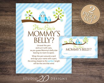 Instant Download Blue Owl How Big is Mommy's Belly Baby Shower Game, Blue Brown Boy Owl Baby Bump Game, Guess Tummy Size for Boy #23F