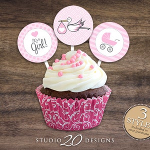 Instant Download 2&quot; Stork Cupcake Toppers, Printable Stroller Baby Shower Cupcake Toppers, Its A Girl Baby Shower Toppers Baby Gift Tags 50B