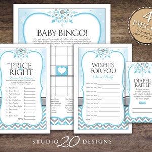 Instant Download Snowflake Baby Shower Games Pack, Blue Grey Chevron Winter Baby Games, Baby Boy Winter Wonderland Baby Shower Game Pack 76A image 1