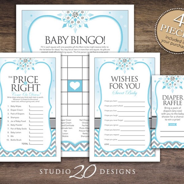 Instant Download Snowflake Baby Shower Games Pack, Blue Grey Chevron Winter Baby Games, Baby Boy Winter Wonderland Baby Shower Game Pack 76A