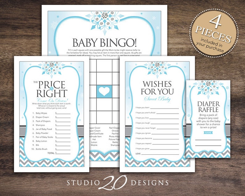 Instant Download Snowflake Baby Shower Games Pack, Blue Grey Chevron Winter Baby Games, Baby Boy Winter Wonderland Baby Shower Game Pack 76A image 1