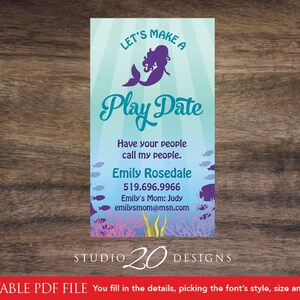 Instant Download Mermaid Play Date Cards Editable Pdf, DIY Mommy Calling Card, Turquoise Purple Kids Business Play Card AUTOFILL Enabled 20D