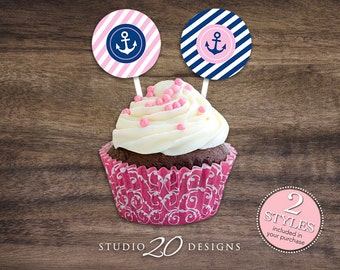 Instant Download 2" Pink Nautical Cupcake Toppers, Printable Nautical Baby Shower Cupcake Toppers, Girl Anchor Baby Shower Gift Tags 26C