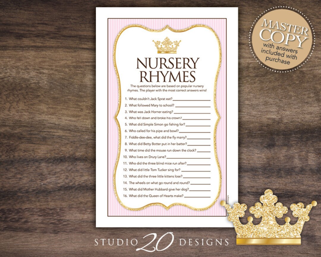 Instant Download Pink Princess Nursery Rhyme Quiz, Pink Gold Glitter ...