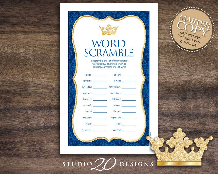 Instant Download Royal Blue Prince Baby Word Scramble, Glitter Prince Baby Shower Games, Printable Crown Theme Word Scramble 66C