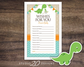 Instant Download Dinosaur Wishes for Baby Shower Game, Boy Dinosaur Baby Shower Game, Teal Orange Dinosaur Baby Shower Wish for Baby 59A