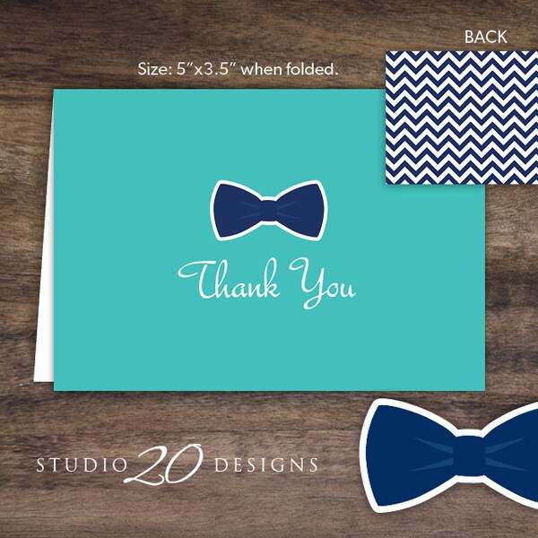 Instant Download Bow Tie Thank You Cards, Printable Folded Turquoise Navy Bowtie Baby Shower Thank You Card, Birthday Thank You #79B