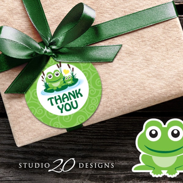 Instant Download Frog Thank You Tags, Green Frog Gift Tags, Green Yellow Gender Neutral Frog Birthday Party or Baby Shower Favor Tags 24B