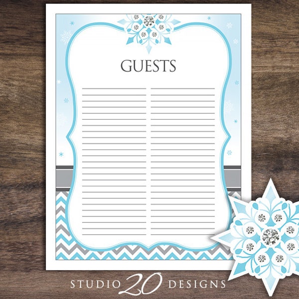 Instant Download Snowflake Guest List, Blue Grey Chevron Winter Baby Shower Guest Sign In Sheet, Frozen Birthday Guest Sign-In Sheet 76A