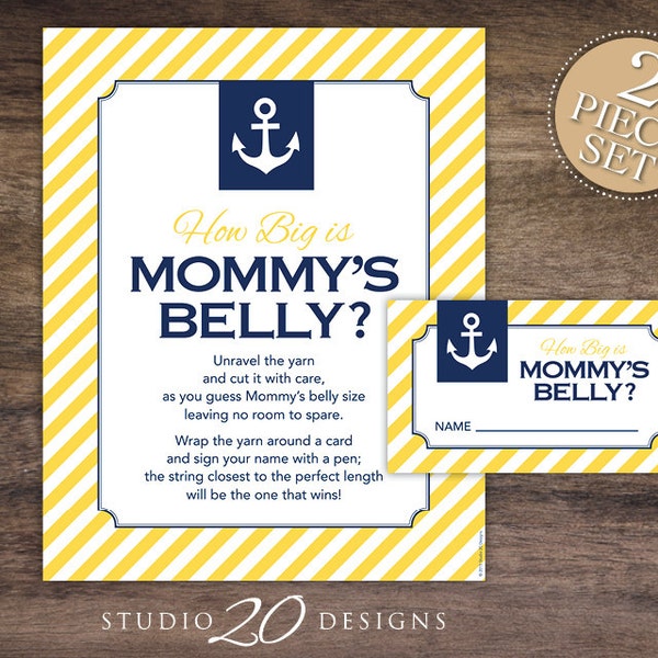 Instant Download Yellow Nautical How Big is Mommy's Belly Baby Shower Game, Printable Sailor Baby Bump Game, Guess Moms Tummy Size #26D