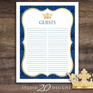 Instant Download Royal Blue Prince Guest List, Printable Blue Gold Prince Baby Shower Guest SIgn In Sheet, Crown Guest List for Boy 66C
