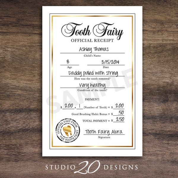 Tooth Fairy Receipt, 4x6 Gold Tooth Fairy Certificate, Instant Download 20A