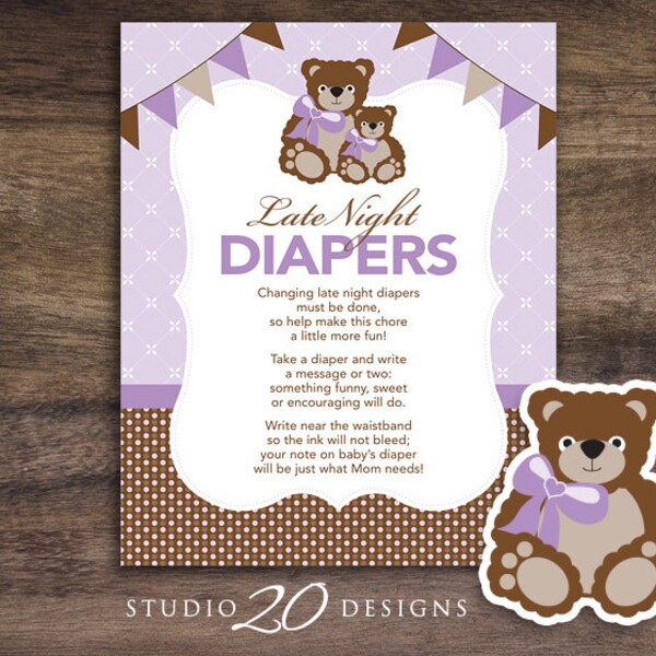 Instant Download Teddy Bear Late Night Diapers, 8x10 Purple Teddy Diaper Thoughts, Lilac Teddy Bear Baby Shower Decorate Diaper Activity 42B