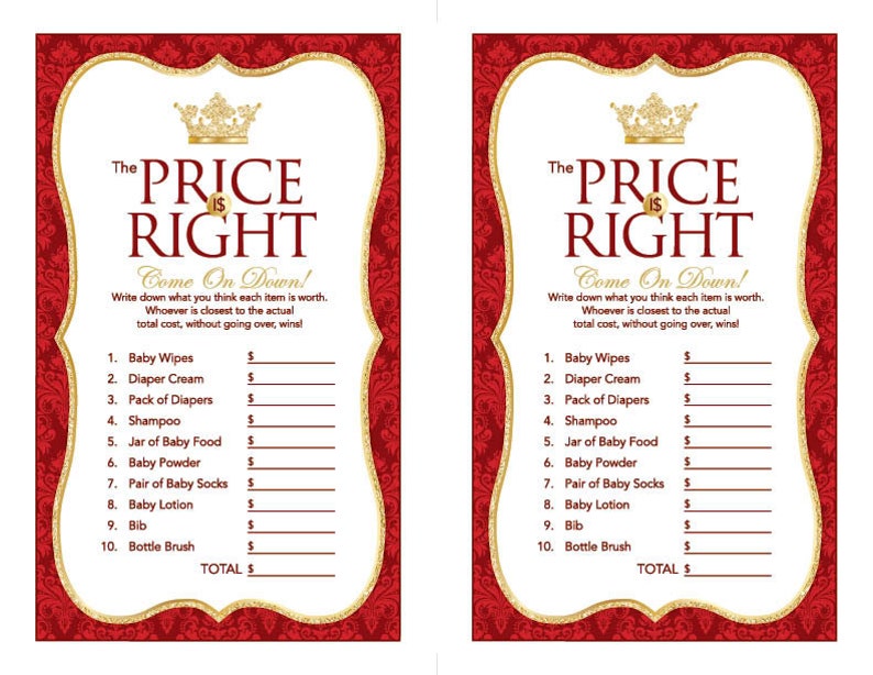 Instant Download Royal Red Prince or Princess Price Is Right Game, Printable Gold Glitter Baby Shower Games, Crown Theme Price Is Right 66E image 4