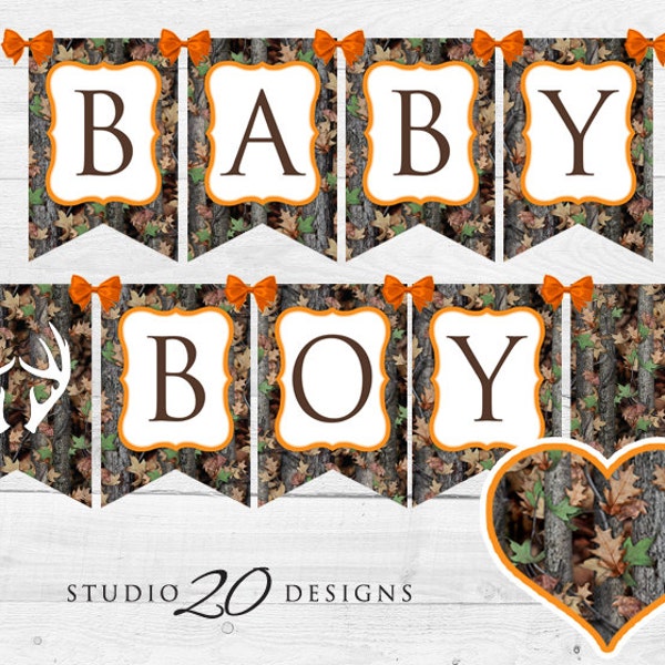 Instant Download Camo Baby Shower Banner, Hunter Orange Camouflage Bunting Banner, Realistic Camo Pendent Banner, Baby Boy Shower Banner 31E