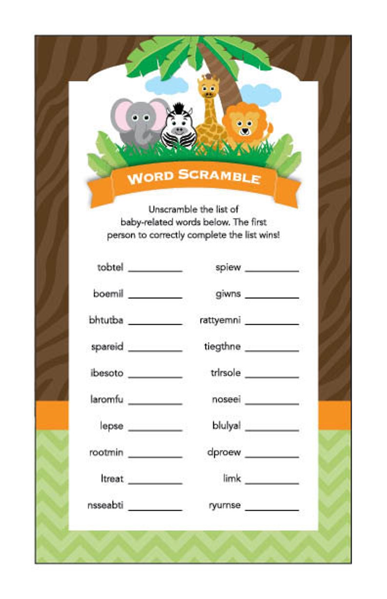 Instant Download Safari Word Scramble Baby Shower Game Cards Etsy