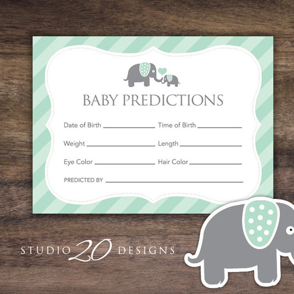 Instant Download Mint Elephant Prediction for Baby Cards, Printable Mint Green Grey Elephant Predictions, Boy Elephant Baby Shower Games 22H