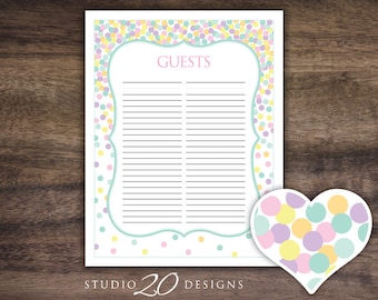 Instant Download Confetti Guest List, Pink Mint Baby Shower Guest Sign In Sheet, Pastel Polka Dot Birthday Guest Sign-In Sheet 78D