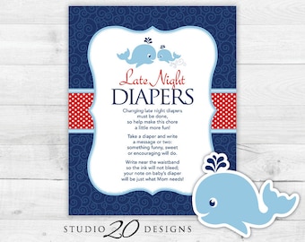 Instant Download Whale Late Night Diapers, 8x10 Navy Blue Red Nautical Diaper Thoughts, Under the Sea Baby Shower Decorate Diaper 20D