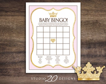 Instant Download Pink Princess Baby Shower Games, Printable Gold Glitter Bingo, Princess Baby Bingo, Crown Theme Baby Shower Bingo 66A