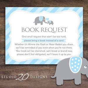 Téléchargement instantané Blue Elephant Book Request, Elephant Book in Place of Card, Grey Blue Elephant Baby Shower Book Au lieu de carte pour garçon 22C