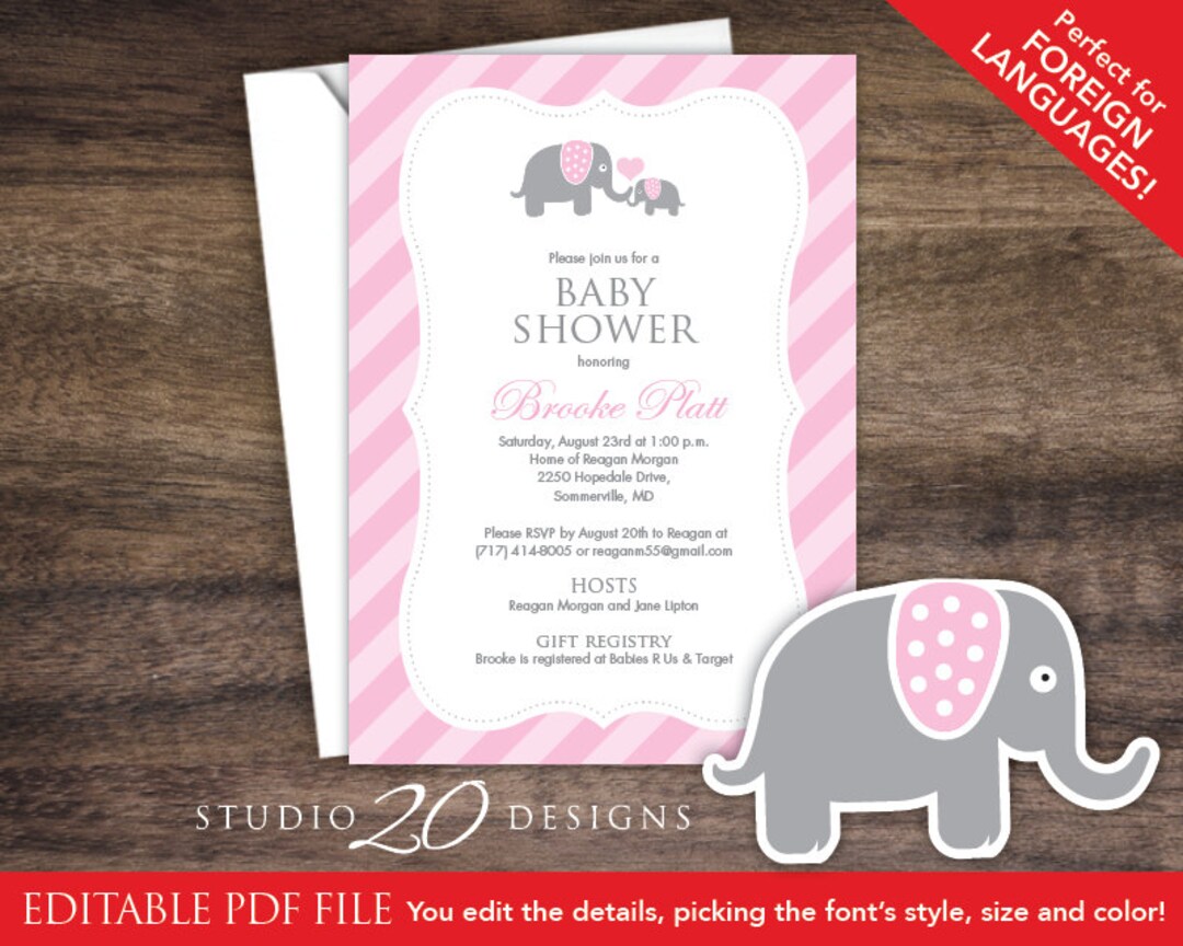 Instant Download Pink Elephant Baby Shower Invitations Editable Pdf ...