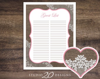 Instant Download Burlap and Lace Guest List, Rustic Baby Shower Guest SIgn In Sheet, Pink Burlap Lace Bridal Wedding Guest Sign-In Sheet 73A
