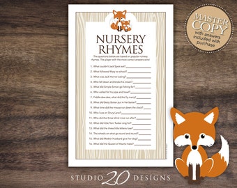 Instant Download Fox Nursery Rhyme Quiz Game, Afdrukbaar Genderneutraal Fox Nursery Rhyme Game, Woodland Fox Thema Baby Shower Game #65C