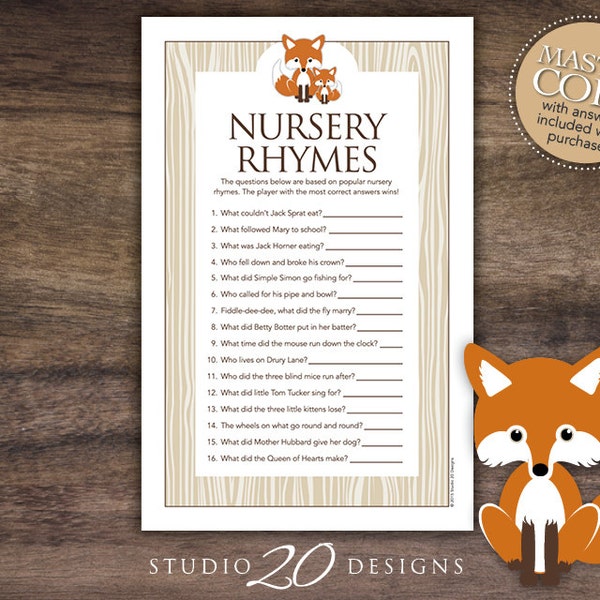 Instant Download Fox Nursery Rhyme Quiz Game, Printable Gender Neutral Fox Nursery Rhyme Game, Woodland Fox Theme Baby Shower Game #65C