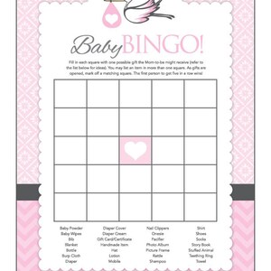 Instant Download Pink Stork Baby Shower Games for Girl, Stork BINGO ...