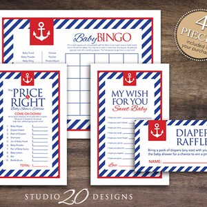 Instant Download nautische baby shower gamespakket voor babyjongen, afdrukbare bingokaarten, prijs is goed, wensen voor baby, luierloterij 26A
