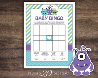Instant Download Little Monsters Baby Shower Bingo Game, Printable Green Teal Purple Monster Baby Bingo, Teal Chevron Baby Bingo Game 82A
