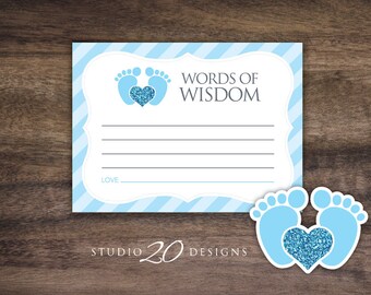 Instant Download Footprint Advice Cards, Printable Footprints Grey Blue Glitter Baby Shower Games, Boy Baby Feet Words of Wisdom 75C