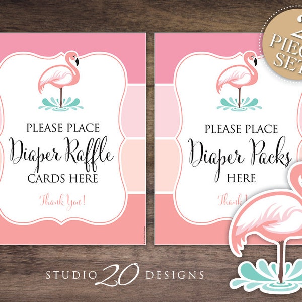 Instant Download Pink Flamingo Baby Shower Signs, 8x10 Diaper Raffle Signs, Pink Coral Ombre Place Raffle Cards Here, Diaper Packs Here 91A