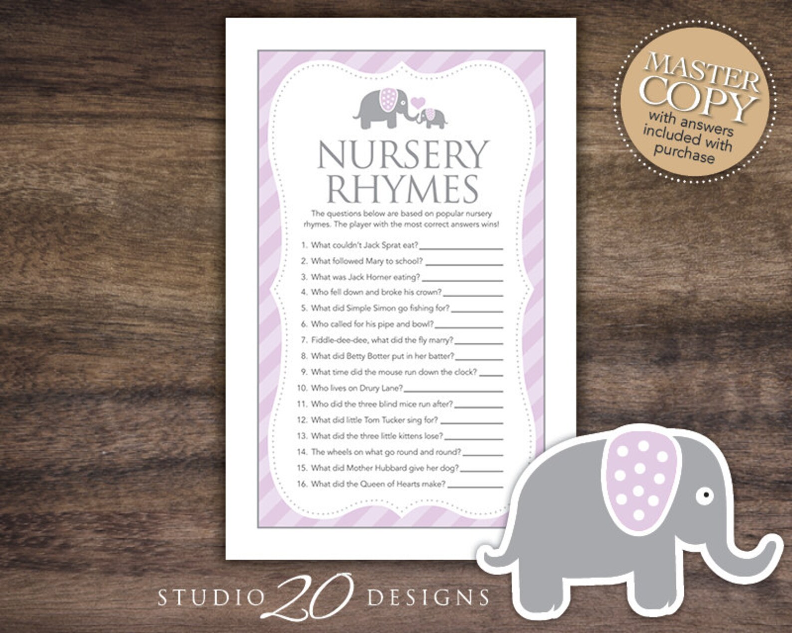 Instant Download Lilac Elephant Nursery Rhyme Quiz Purple Etsy
