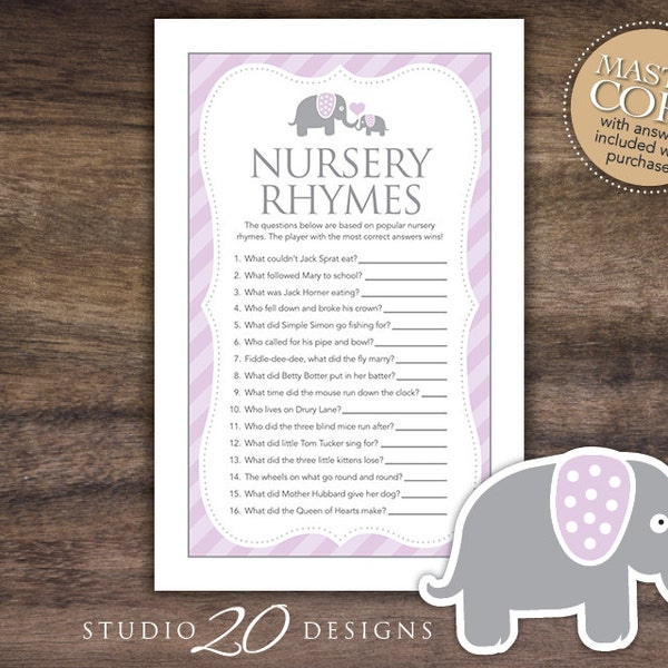 Instant Download Lilac Elephant Nursery Rhyme Quiz, Purple Grey Nursery Rhymes Game, Baby Girl Elephant Baby Shower Games #22E